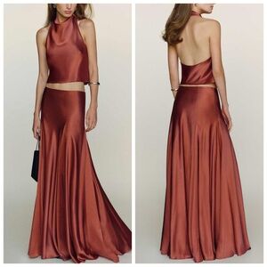 Reformation Sera Silk Two Piece Set Dress Skirt Halter Rosewood Size 4 w/ tags
